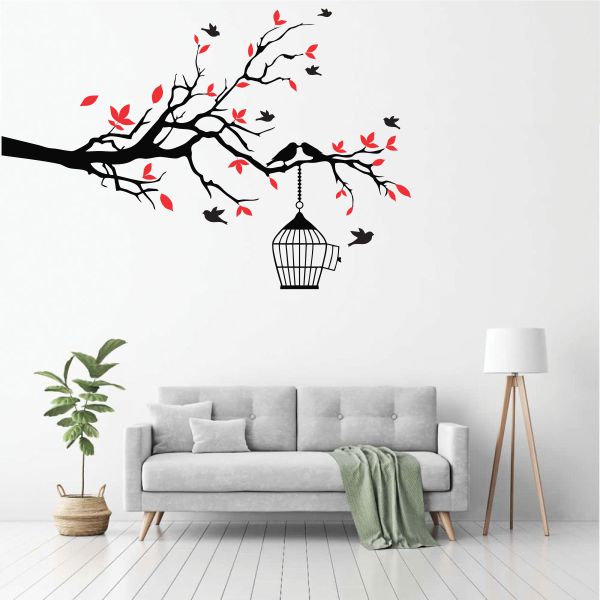 Vinilo decorativo ramas de árboles con jaula de pájaros