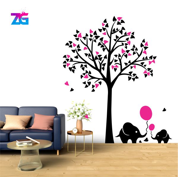 Árbol grande para habitación de niños con lindo elefante y globo, pegatina de pared para decoración del hogar | Talla grande