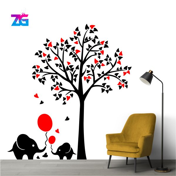 Árbol grande para habitación de niños con lindo elefante y globo, pegatina de pared para decoración del hogar | Talla grande