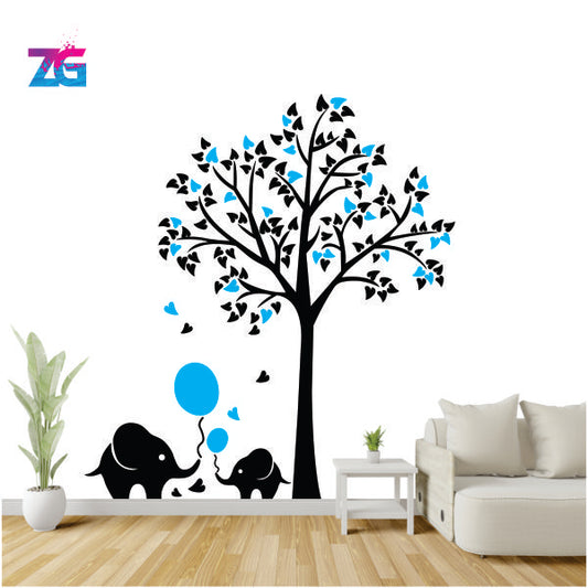 Árbol grande para habitación de niños con lindo elefante y globo, pegatina de pared para decoración del hogar | Talla grande