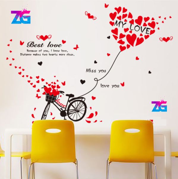 Bicycle with Heart Balloon Wall Art Stickers