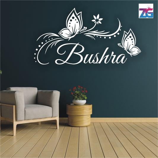 Adhesivo de pared con nombre personalizado | Diseño de mariposa Bushra